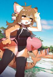 Rule 34 | 1girl, :3, animal ears, animal nose, bell, black one-piece swimsuit, black thighhighs, body fur, breasts, brown hair, casual one-piece swimsuit, commentary, commission, covered navel, crayon (crayon1006), fang, furry, furry female, hair bell, hair ornament, highres, innertube, jingle bell, long hair, medium breasts, one-piece swimsuit, open mouth, orange fur, original, outdoors, red eyes, solo, swim ring, swimsuit, tail, thick eyebrows, thighhighs, two-tone fur, white fur