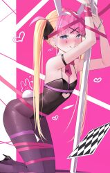 Rule 34 | 1girl, :q, ace (playing card), animal ears, armlet, armpit crease, armpit peek, arms up, bare shoulders, black footwear, black leotard, black ribbon, blonde hair, blue eyes, blunt bangs, blush, card, card between legs, clothing cutout, corrupted twitter file, covered navel, cuffs, detached collar, fake animal ears, fake tail, feet out of frame, flat chest, from side, hair ornament, hair ribbon, half-closed eyes, handcuffs, heart, heart background, heart cutout, heart in eye, high heels, highres, indie virtual youtuber, kneeling, kyoresu, leotard, long hair, looking at viewer, multicolored hair, necktie, nose blush, pantyhose, pink background, pink hair, pink necktie, playboy bunny, playing card, pole, purple pantyhose, rabbit ears, rabbit hole (vocaloid), rabbit tail, ribbon, second-party source, sidelocks, solo, spaghetti strap, stomach cutout, straight hair, stripper pole, symbol in eye, tail, teardrop facial mark, tie clip, tongue, tongue out, tsurime, twintails, two-tone background, two-tone hair, unworn ribbon, very long hair, virtual youtuber, white background, white tail, x hair ornament, yuuki02