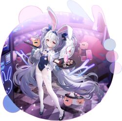 Rule 34 | 1girl, animal ear hairband, animal ears, animal print, ass, azur lane, blue hairband, blue leotard, blush, bow, breasts, checkered floor, detached collar, english text, fake animal ears, fake tail, hair between eyes, hair ornament, hairband, high heels, highleg, highleg leotard, highres, holding, holding tray, laffey (azur lane), laffey ii (azur lane), laffey ii (sleepy on a busy day) (azur lane), leotard, long hair, looking at viewer, manjuu (azur lane), namyo, non-web source, official alternate costume, official art, pantyhose, parted lips, playboy bunny, pom pom (clothes), print pantyhose, rabbit ears, rabbit print, rabbit tail, red eyes, ribbon, small breasts, solo, standing, stiletto heels, strapless, strapless leotard, tail, thighband pantyhose, thighhighs, thighs, tray, twintails, very long hair, white hair, white pantyhose, wrist cuffs
