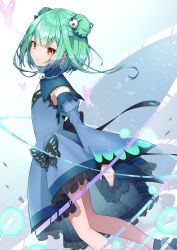 Rule 34 | 1girl, ankle boots, aqua hair, blue dress, boots, bug, butterfly, corrupted twitter file, detached collar, detached sleeves, double bun, dress, earrings, flat chest, frilled dress, frills, gradient hair, green hair, hair bun, hair ornament, hair ribbon, high heels, highres, hololive, insect, jewelry, juliet sleeves, kuwaefuru, light smile, long sleeves, multicolored hair, puffy sleeves, red eyes, ribbon, short dress, sidelocks, skull brooch, skull earrings, strapless, strapless dress, uruha rushia, uruha rushia (1st costume), virtual youtuber, wide sleeves