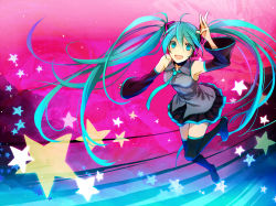 Rule 34 | 1girl, ahoge, aqua eyes, aqua hair, bad id, bad pixiv id, boots, detached sleeves, female focus, full body, gradient background, hair ornament, hatsune miku, long hair, necktie, open mouth, ria (rilpoppo), skirt, smile, solo, star (symbol), thigh boots, thighhighs, twintails, very long hair, vocaloid, zettai ryouiki