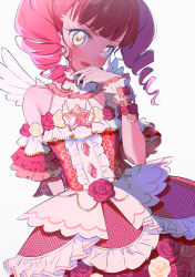 Rule 34 | 1girl, akagi anna, angel wings, arm behind back, blunt bangs, blush, collar, commentary, dress, drill hair, english commentary, flower, frilled collar, frilled cuffs, frills, halterneck, head tilt, highres, idol, kiratto pri chan, layered dress, looking at viewer, medium dress, medium hair, open mouth, pretty series, red dress, red flower, red hair, red rose, ribbon, rose, simple background, smile, solo, standing, star ornament, twin drills, twintails, venus symbol, white background, white ribbon, wings, yamamura saki, yellow eyes