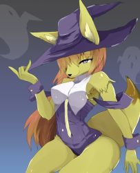 Rule 34 | 1girl, artist request, brown hair, copyright request, fox, furry, halloween, halloween costume, hat, long hair, purple eyes, witch hat