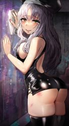 Rule 34 | 1girl, ass, back, bare shoulders, beret, black dress, black thighhighs, blush, breasts, caren hortensia, dress, fate/hollow ataraxia, fate (series), grey hair, hat, highres, large breasts, long hair, looking at viewer, looking back, open mouth, short dress, smile, solo, suou-sensei, thighhighs, yellow eyes