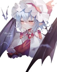 Rule 34 | 1girl, ascot, bat (animal), bat wings, blue hair, blush, character name, closed mouth, commentary request, cropped torso, hat, hat ribbon, highres, mob cap, pointy ears, red ascot, red eyes, red ribbon, remilia scarlet, ribbon, short hair, simple background, solo, sorani (kaeru0768), touhou, upper body, white background, white hat, wings