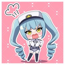 Rule 34 | 1girl, aqua hair, blush stickers, breasts, chibi, commentary, full body, goddess of victory: nikke, hands on own hips, hat, heart, heart background, large breasts, long hair, long sleeves, looking at viewer, military, military uniform, open mouth, pink background, privaty (nikke), ringlets, snowglobekey (rib lam), solo, sparkle background, standing, thighhighs, twintails, uniform, v-shaped eyebrows, very long hair, white hat, yellow eyes