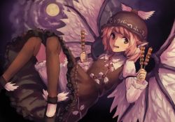 Rule 34 | 1girl, animal ears, bionekojita, bird ears, bird wings, black footwear, bloomers, brown dress, brown eyes, brown headwear, brown thighhighs, dress, earrings, fingernails, food, frilled sleeves, frills, full moon, grey nails, holding, holding food, jewelry, long fingernails, long sleeves, moon, mystia lorelei, nail polish, open mouth, pink hair, shoes, short hair, single earring, smile, solo, teeth, thighhighs, touhou, underwear, upper teeth only, white bloomers, white wings, winged hat, wings