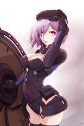 Rule 34 | 1girl, :d, arched back, arm up, armor, black leotard, black thighhighs, breasts, brown eyes, cleavage, fate/grand order, fate (series), faulds, grey hair, hair between eyes, highres, holding, holding shield, jientomu, leotard, looking at viewer, mash kyrielight, mash kyrielight (ortenaus), medium breasts, medium hair, open mouth, shield, smile, solo, thighhighs