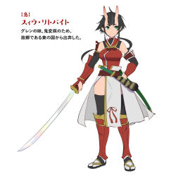 Rule 34 | 1girl, bare shoulders, black hair, breasts, character name, closed mouth, detached sleeves, english text, full body, green eyes, hair between eyes, highres, holding, holding sword, holding weapon, horns, looking to the side, medium breasts, monster girl, monster musume no oisha-san, novel illustration, official art, oni, oni horns, sandals, sheath, short hair, sioux litbeit, smile, solo, standing, sword, thighhighs, weapon, z-ton