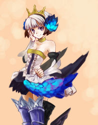 Rule 34 | 1girl, armor, armored dress, bare shoulders, boots, breasts, choker, cleavage, crown, drawfag, dress, elbow gloves, gloves, gwendolyn (odin sphere), hair ornament, hand on own face, highres, leg wings, low wings, non-web source, odin sphere, pas (paxiti), purple eyes, short hair, small breasts, solo, strapless, strapless dress, thigh boots, thighhighs, white hair, wings