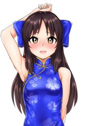 Rule 34 | 1girl, :d, alternate costume, arm up, armpits, bare shoulders, blue bow, blue dress, bow, brown eyes, brown hair, china dress, chinese clothes, covered navel, dress, hadacra, hair bow, half-closed eyes, highres, idolmaster, idolmaster cinderella girls, long hair, looking at viewer, open mouth, simple background, sleeveless, sleeveless dress, smile, solo, tachibana arisu, upper body, white background