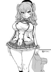 Rule 34 | 10s, 1girl, :&gt;, asanagi, blush, breasts, breasts apart, buttons, commentary request, epaulettes, feet out of frame, gloves, greyscale, highres, holding, jacket, kantai collection, kashima (kancolle), large breasts, looking at viewer, military jacket, miniskirt, monochrome, neckerchief, no bra, short hair, simple background, skirt, smile, solo, standing, thighs, translation request, twintails, two side up, wavy hair, white background, wide hips