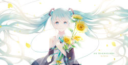 Rule 34 | 1girl, absurdly long hair, aqua necktie, blue eyes, blue hair, bow, detached sleeves, flower, hair bow, hair ornament, hatsune miku, holding, holding flower, holding microphone, long hair, looking at viewer, microphone, necktie, sanaa, shirt, simple background, sleeveless, sleeveless shirt, smile, solo, twintails, upper body, very long hair, vocaloid, white background, white shirt, yellow flower