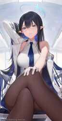 Rule 34 | 1girl, absurdres, armband, black hair, black pantyhose, blue archive, blue armband, blue eyes, blue hair, blue halo, blue necktie, blush, breasts, coat, collared shirt, colored inner hair, crossed legs, feet out of frame, glasses, gloves, halo, highres, large breasts, long hair, monosucre, multicolored hair, necktie, pantyhose, pointy ears, rin (blue archive), round eyewear, shirt, sleeveless, sleeveless shirt, solo, twitter username, white coat, white gloves, white shirt