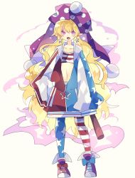 Rule 34 | 1girl, adapted costume, american flag hoodie, blonde hair, blue bow, blush, bow, casual, clownpiece, commentary request, earrings, fairy wings, fang, footwear bow, full body, hat, highres, holding, holding torch, hood, hoodie, jester cap, jewelry, long hair, looking at viewer, nikorashi-ka, one-hour drawing challenge, open mouth, pointy ears, polka dot headwear, purple eyes, purple hat, red bow, red footwear, shoes, simple background, sleeves past fingers, sleeves past wrists, slit pupils, sneakers, solo, star (symbol), star earrings, torch, touhou, very long hair, white background, wings