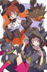 Rule 34 | 1boy, 1girl, ;d, ahoge, alternate costume, banette, banette (cosplay), brendan (pokemon), brown hair, cosplay, creatures (company), detached sleeves, dress, game freak, gen 3 pokemon, gen 6 pokemon, hat, highres, hood, long sleeves, looking at viewer, may (pokemon), midriff, navel, nintendo, one eye closed, open mouth, pink shorts, pokemon, pokemon (creature), pokemon oras, pumpkaboo, pumpkaboo (cosplay), red eyes, rrrisyf, shorts, smile, thighhighs, wide sleeves, witch hat, zipper, zipper pull tab