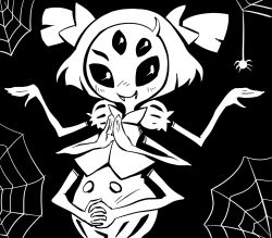 Rule 34 | 1girl, black background, blush, extra arms, extra eyes, fangs, arthropod girl, itimu, looking at viewer, monochrome, monster girl, muffet, short hair, short twintails, simple background, smile, solo, spider girl, twintails, undertale