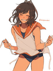 Rule 34 | 1girl, brown hair, cowboy shot, closed eyes, grin, hair ornament, hairclip, highres, i-401 (kancolle), kantai collection, orange sailor collar, ponytail, sailor collar, school swimsuit, shirt, short ponytail, side-tie shirt, simple background, sleeveless, sleeveless shirt, smile, solo, sumoffu, swimsuit, swimsuit under clothes, tan, twitter username, white background