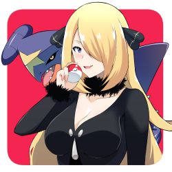 Rule 34 | 1girl, a-kiraa (whisper), absurdres, black shirt, blonde hair, border, breasts, cleavage, creatures (company), cynthia (pokemon), fur collar, fur trim, game freak, garchomp, gen 4 pokemon, hair ornament, hair over one eye, highres, holding, holding poke ball, large breasts, long hair, long sleeves, looking at viewer, nintendo, parted lips, poke ball, poke ball (basic), pokemon, pokemon (creature), pokemon dppt, shirt, smile, upper body, white border