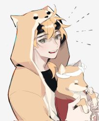 Rule 34 | 1boy, alternate costume, animal, animal hood, artist name, blonde hair, commentary, dog, fake horns, genshin impact, grey background, grey eyes, hair between eyes, headband, highres, holding, hood, hood up, horned headwear, horns, jianli, looking at viewer, male focus, open mouth, ponytail, shiba inu, simple background, symbol-only commentary, taroumaru (genshin impact), thoma (genshin impact), upper body
