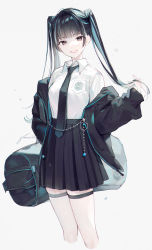 Rule 34 | 1girl, bag, black hair, black jacket, black necktie, black skirt, blue hair, blunt bangs, breasts, collared shirt, commentary, cropped legs, feet out of frame, gomzi, grey background, hand up, holding, holding hair, jacket, light blue hair, lips, long skirt, looking at viewer, medium breasts, multicolored hair, necktie, original, parted lips, pleated skirt, school bag, school uniform, shirt, shirt tucked in, simple background, skindentation, skirt, solo, standing, streaked hair, striped necktie, symbol-only commentary, thigh strap, thighhighs, thighs, twintails, white shirt, white thighhighs