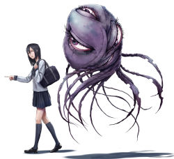 Rule 34 | 1girl, absurdres, artist request, black hair, female focus, highres, looking back, monster, open mouth, original, pointing, school uniform, simple background, skirt, tagme, tentacles, white background