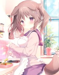 Rule 34 | 1girl, animal ears, apron, ass, bento, blue bow, blue sky, blush, bow, breasts, brown eyes, brown hair, brown shirt, chopsticks, closed mouth, cloud, cloudy sky, commentary request, day, dog ears, dog girl, dog tail, food, frilled apron, frilled skirt, frills, from side, hair between eyes, hair bow, highres, holding, holding chopsticks, indoors, long sleeves, looking at viewer, looking to the side, medium breasts, omelet, original, plant, pleated skirt, potted plant, purple sailor collar, purple skirt, sailor collar, shiratama (shiratamaco), shirt, skirt, sky, sleeves past wrists, smile, solo, spatula, tail, tamagoyaki, twintails, whisk, white apron, white bow, window