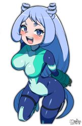 Rule 34 | 1girl, :d, absurdres, arms behind back, artist name, blue bodysuit, blue eyes, blue hair, blush, bodysuit, boku no hero academia, breasts, commentary request, dated, drill hair, green bodysuit, hadou nejire, hair horns, highres, light blue hair, long hair, maydaykiki, medium breasts, multicolored bodysuit, multicolored clothes, narrow waist, open mouth, simple background, skin tight, smile, solo, teeth, upper teeth only, very long hair, white background