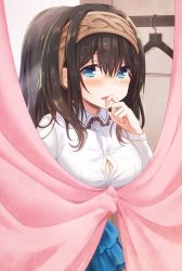Rule 34 | 10s, 1girl, azuki yui, black hair, blue dress, blue eyes, breasts, bursting breasts, clothes hanger, commentary request, curtain grab, curtains, dress, dress shirt, embarrassed, finger to mouth, hair between eyes, hairband, idolmaster, idolmaster cinderella girls, large breasts, long hair, looking at viewer, mirror, parted lips, pleated dress, sagisawa fumika, shirt, solo, tearing up