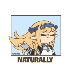 Rule 34 | 1girl, arknights, artist name, blonde hair, blue background, blush stickers, border, braid, chibi, closed eyes, closed mouth, english text, fingerless gloves, gloves, horns, kuhl-notes, pointy ears, saileach (arknights), simple background, smug, solo, upper body, white border