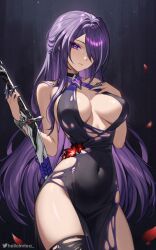 1girl acheron_(honkai:_star_rail) bare_shoulders black_choker black_dress black_thighhighs breasts breasts_apart choker closed_mouth commentary covered_navel cowboy_shot criss-cross_halter dress english_commentary fingernails flower hair_over_one_eye halterneck helloimtea highres holding holding_sword holding_weapon honkai:_star_rail honkai_(series) katana large_breasts long_hair looking_at_viewer multicolored_hair nail_polish paid_reward_available purple_eyes purple_hair purple_nails red_flower red_petals scabbard sheath sheathed sidelocks single_thighhigh solo strapless strapless_dress streaked_hair sword thighhighs torn_clothes torn_dress torn_thighhighs twitter_username very_long_hair weapon