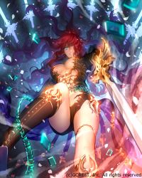 Rule 34 | 1girl, bad id, bad pixiv id, blue eyes, breasts, cleavage, dragon&#039;s shadow, earrings, hair over one eye, highres, jewelry, kazari tayu, long hair, official art, red hair, smile, solo, sword, thighs, weapon