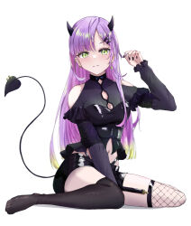 Rule 34 | 1girl, alternate costume, alternate hairstyle, arm garter, asymmetrical legwear, between legs, black nails, black shirt, black shorts, black thighhighs, blonde hair, blush, breasts, bustier, cleavage, cleavage cutout, closed mouth, clothing cutout, colored tips, commentary, crop top, demon girl, demon horns, demon tail, ear piercing, earrings, expressionless, fishnet thighhighs, fishnets, frilled sleeves, frills, full body, garter straps, gradient hair, green eyes, hair ornament, hairclip, hand between legs, hiragi 1014, holding, holding hair, hololive, horns, lightning bolt earrings, lightning bolt symbol, long hair, long sleeves, looking at viewer, medium breasts, midriff, mismatched legwear, multicolored hair, nail polish, navel, parted bangs, piercing, purple hair, shirt, short shorts, shorts, shoulder cutout, simple background, sitting, solo, straight hair, tail, tail ornament, tail piercing, taut clothes, thighhighs, tokoyami towa, two-tone hair, virtual youtuber, white background