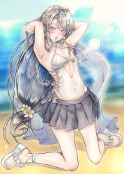 Rule 34 | 1girl, anchor, asymmetrical bangs, beach, breasts, casual one-piece swimsuit, choker, commentary request, flower, frilled one-piece swimsuit, frilled swimsuit, frills, full body, goushougun-sensei, grey hair, grey skirt, hair flower, hair ornament, hairband, highleg, highleg swimsuit, highres, kantai collection, leaning back, lips, long hair, looking at viewer, low-tied long hair, ocean, official alternate costume, one-piece swimsuit, pleated skirt, purple eyes, sagiri (kancolle), shawl, side-tie swimsuit, sitting, skirt, small breasts, solo, swept bangs, swimsuit, toeless footwear, wariza, white choker, white one-piece swimsuit, white shawl