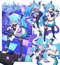 Rule 34 | 1girl, absurdres, ai.mi (omega strikers), ai.mi (omega strikers) (idol ai.mi), animal ears, audience, blue eyes, blue hair, bow, cat ears, cat girl, concert, gloves, hair ornament, heterochromia, highres, holding, holding microphone, idol, long hair, microphone, multiple views, music, omega strikers, open mouth, singing, skirt, solo, stage, standing, striped clothes, striped thighhighs, thighhighs, vertical-striped clothes, vertical-striped thighhighs, yellow eyes, zizi niisan