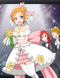 Rule 34 | 10s, 3girls, ^ ^, black pants, blush, boutonniere, bow, bowtie, brown hair, closed eyes, dress, earrings, closed eyes, flower, formal, gloves, hoshizora rin, jewelry, kidachi, koizumi hanayo, long sleeves, love live!, love live! school idol project, love wing bell, multiple girls, nishikino maki, open mouth, orange hair, pants, red hair, short hair, smile, sparkle, standing, suit, thighhighs, traditional bowtie, veil, white dress, white gloves, white legwear, yellow eyes