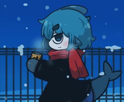 Rule 34 | 1girl, black jacket, blue eyes, blue hair, blue mittens, blue skirt, blue sky, blush, can, canned coffee, chibi, commentary request, drink can, fence, fins, fish tail, from side, fuka-chan, hair between eyes, highres, holding, holding can, jacket, long sleeves, mittens, night, original, outdoors, pleated skirt, profile, red scarf, scarf, shark tail, short eyebrows, skirt, sky, snow, snowing, solo, tail, thick eyebrows, uni souchou