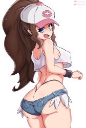 Rule 34 | 1girl, absurdres, ass, baseball cap, blue eyes, breasts, brown hair, creatures (company), crop top, from behind, game freak, hat, highres, hilda (pokemon), large breasts, long hair, looking at viewer, looking back, nintendo, open mouth, panties, pokemon, pokemon bw, ponytail, short shorts, shorts, smile, solo, string panties, thong, underboob, underwear