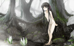 Rule 34 | 1girl, arms behind back, barefoot, black eyes, black hair, collarbone, completely nude, dated, dirty, dirty feet, flat chest, flower, forest, full body, hair ribbon, hand on own arm, leaning forward, long hair, nature, nipples, nude, original, outdoors, pink ribbon, ponytail, ribbon, roreru (rorerore-ya), sidelocks, signature, smile, snow, solo, standing, tree, very long hair