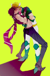 Rule 34 | 2boys, amuii, bare shoulders, battle tendency, black hair, blonde hair, boots, caesar anthonio zeppeli, closed eyes, crop top, facial mark, feather hair ornament, feathers, fingerless gloves, gloves, green jacket, hair ornament, headband, holding another&#039;s wrist, implied kiss, jacket, jojo no kimyou na bouken, joseph joestar, joseph joestar (young), knee pads, male focus, midriff, multiple boys, purple scarf, scarf, striped clothes, striped scarf, sweat, torso grab, vertical-striped clothes, vertical-striped scarf, yaoi