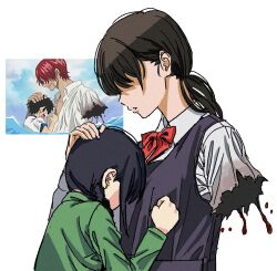 Rule 34 | 2boys, 2girls, amputee, armless amputee, black dress, black hair, blood, blood on clothes, bow, bowtie, chainsaw man, clenched hand, commentary, double amputee, dress, english commentary, faceless, faceless female, hand on another&#039;s head, highres, mitaka asa, monkey d. luffy, multiple boys, multiple girls, nayuta (chainsaw man), one piece, parody, ponytail, red bow, red bowtie, reference inset, shanks (one piece), shiren (ourboy83), shirt, simple background, torn clothes, torn shirt, upper body, white background, white shirt