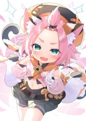Rule 34 | 1girl, animal ear fluff, animal ears, animal hands, aqua eyes, bare shoulders, blush, cabbie hat, cat ears, cat girl, cat paws, cat tail, commentary request, diona (genshin impact), fang, genshin impact, gloves, hair ornament, hand on own hip, hat, highres, looking at viewer, midriff, navel, open clothes, pink hair, puffy shorts, short hair, shorts, solo, tail, tsukiman, white gloves
