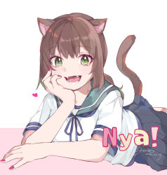 Rule 34 | 1girl, animal ears, blue sailor collar, blue skirt, brown hair, cat ears, cat tail, commentary request, fangs, fingernails, fubuki (kancolle), green eyes, hiroi09, kantai collection, long fingernails, looking at viewer, low ponytail, lying, nail polish, on stomach, pleated skirt, ponytail, sailor collar, school uniform, serafuku, short ponytail, sidelocks, skirt, smile, solo, tail