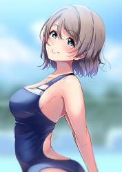 Rule 34 | 1girl, absurdres, amagi (volfuji), arched back, blue one-piece swimsuit, blurry, brown hair, competition swimsuit, depth of field, grey hair, highres, looking at viewer, love live!, love live! sunshine!!, one-piece swimsuit, short hair, solo, swimsuit, upper body, watanabe you