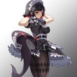 Rule 34 | 1girl, absurdres, arms behind head, ass, blush, breasts, clothing cutout, colored inner hair, cowboy shot, dress, ellen joe, fins, fish tail, frilled dress, frills, hair ornament, highres, kaliliyu17524, large breasts, maid headdress, medium hair, multicolored hair, pantyhose, parted lips, red eyes, red hair, shark tail, short sleeves, simple background, solo, standing, tail, tail through clothes, x hair ornament, zenless zone zero