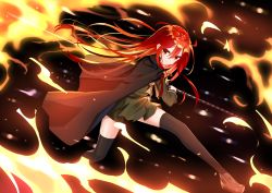 Rule 34 | 1girl, absurdres, black jacket, black thighhighs, brown footwear, closed mouth, commentary request, fire, floating hair, green shirt, green skirt, hair between eyes, highres, holding, holding sword, holding weapon, jacket, jacket on shoulders, katana, loafers, long hair, long sleeves, pleated skirt, red eyes, red hair, shakugan no shana, shana, shirt, shoes, sijidiaoxian, skirt, solo, standing, sword, thighhighs, very long hair, weapon