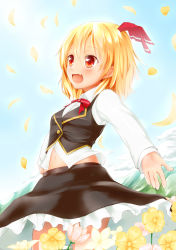 Rule 34 | 1girl, :d, blonde hair, blue sky, blush, bow, bowtie, chiroshiron, collared shirt, day, embellished costume, fang, field, flower, flower field, hair ribbon, highres, midriff peek, navel, open mouth, outstretched arms, petals, red eyes, ribbon, rumia, shirt, short hair, sky, smile, solo, spinning, touhou, vest