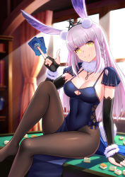 1girl, animal ears, arm at side, bangs, between fingers, black gloves, blue dress, blunt bangs, blush, breasts, brown legwear, bunny ears, bunny girl, bunny tail, card, cleavage, closed mouth, covered navel, curtains, dress, elbow gloves, eyebrows visible through hair, fingerless gloves, fur collar, gloves, highres, holding, holding card, indoors, kaavi, knee up, kuri (kurigohan), long hair, looking at viewer, mahjong, mahjong soul, mahjong table, mahjong tile, medium breasts, on table, pantyhose, pelvic curtain, pink hair, sitting, sleeveless, sleeveless dress, smile, solo, straight hair, table, tail, tottemo e mahjong plus, very long hair, window, yellow eyes