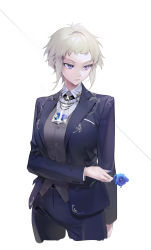 Rule 34 | 1girl, absurdres, arm across waist, arm at side, bad id, bad pixiv id, belt, blonde hair, blue flower, blue nails, breasts, buckle, buttons, closed mouth, collared shirt, commentary request, cowboy shot, dated, fingernails, flower, formal, highres, holding, holding flower, jacket, lapels, large breasts, looking away, maerchen maedchen, maria rasputin, nail polish, notched lapels, ohisashiburi, pant suit, pants, purple eyes, see-through, shirt, short hair, sidelocks, signature, simple background, solo, standing, suit, transparent necktie, vest, white background