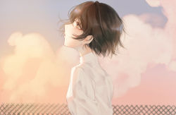 Rule 34 | 1girl, absurdres, bad id, bad pixiv id, brown eyes, brown hair, cloud, commentary, d4dj, english commentary, from side, giraffe three, highres, looking up, miyake aoi, outdoors, parted lips, profile, shirt, short hair, sky, solo, upper body, white shirt